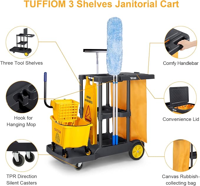 TUFFIOM Extra Large Commercial Traditional Cleaning Janitorial 3-Shelf Cart, 500 Lbs Capacity Housekeeping Cart, 42.5" L x 18.7" W x 37.6" H, Wheeled with 22 Gallon Yellow VinylBag Cover w Lid, Black