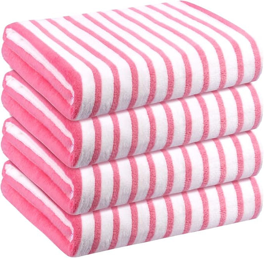 JML Beach Towels, 4 Pack, 30" x 60", Large Microfiber Bath Towel Set, Cabana Stripe, Absorbent, Quick Dry for Salon, Sauna, Hotel, Travel, Sport, Swimming, Pool, Yoga, Camping, Stripe Pink White