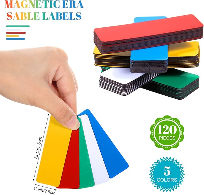 120 Pcs Back to School Dry Erase Magnetic Labels 1 x 3'' Reusable Magnetic Name Tags Magnets Sticker Waterproof Label Stickers for Classroom Office Whiteboard Fridge Locker Shelf, 5 Colors
