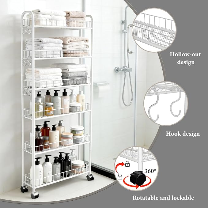 Slim Rolling Storage Cart with Wheels, 6in 6 Tier White | Narrow Space Shelving Unit, Metal Wire Mobile Organizer Rack for Kitchen Bathroom Office Laundry