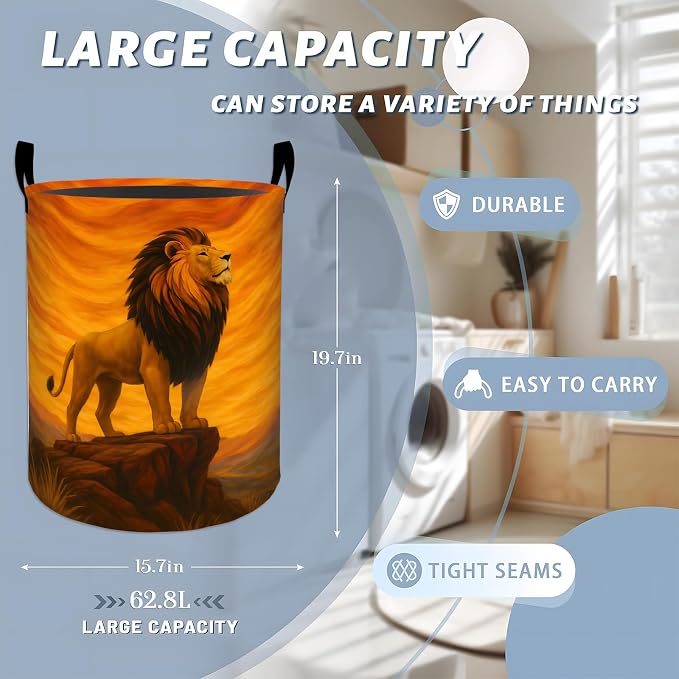 Majestic Lion Laundry Basket, Golden Mountain Rock Cliff Storage Hamper, Round Collapsible Waterproof Cloth Bin, 19.7x15.7 Inch Wildlife Art Clothes Organizer Gifts for Bathroom Decor