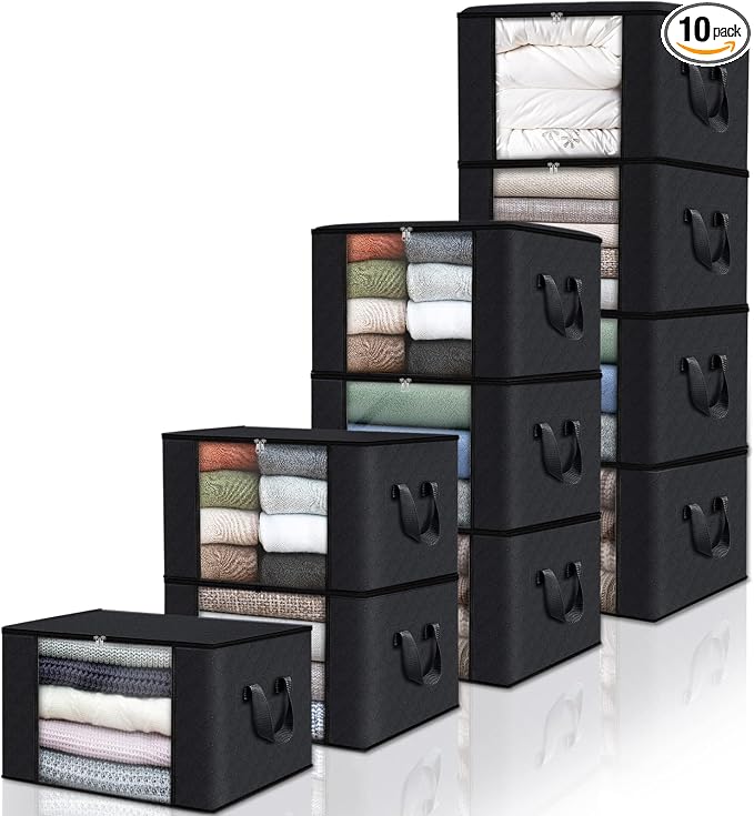 10 Pack Storage Bags for Clothes Blanket Storage Bins with Lids | Foldable Closet Organizers with Zippers,Window and Handles,Fabric Storage Bins for Sweater,Comforter,Bedding,Dorm essentials