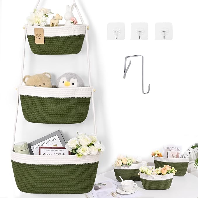 Hanging Basket, 3-Tier Woven Wall Basket with 4 Hooks, Cotton Rope Storage Baskets, Over the Door Organizer for Nursery, Bedroom, Cottage and Boho Wall Decor