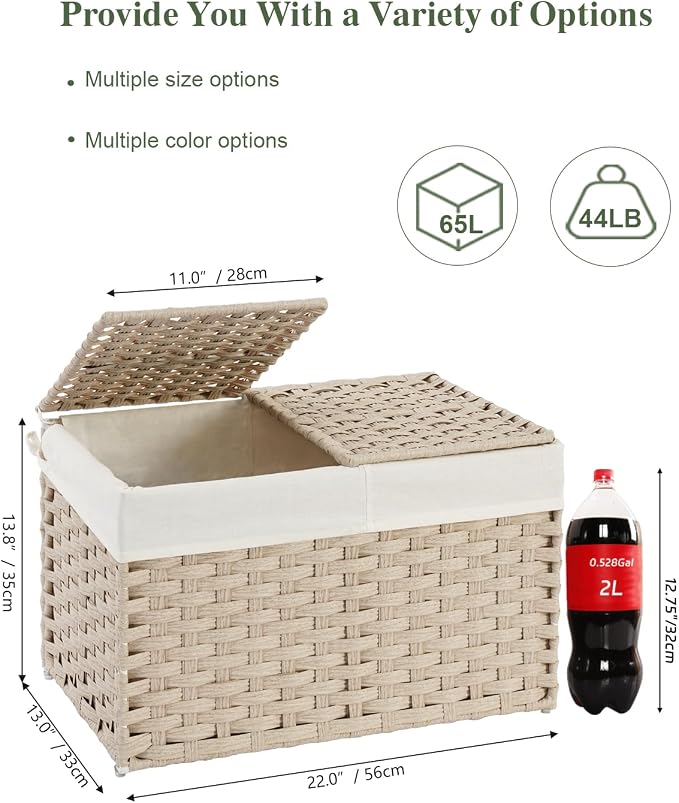 SETVSON Storage Basket with Lid, PE Rattan Storage Bin Light Khaki | Decorative PE Rattan Furniture Look for Bedroom, 2 Separate Lids, 2 Liners with Divider for Apparel & Essentials