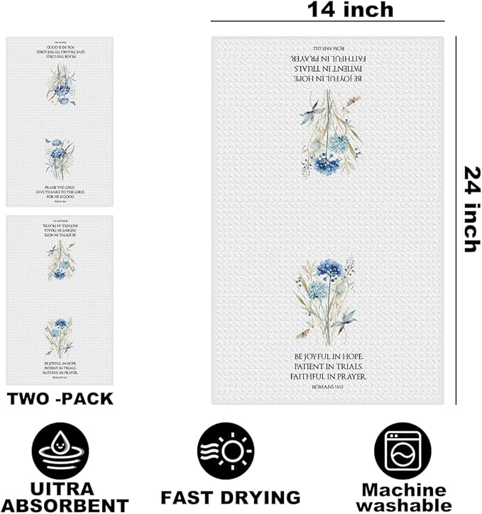 2 Pcs Bible Christian Kitchen Towels 24x14 Inch, Floral Decorative Reusable Dish Towels for Kitchen Bathroom Decor, Waffle Weave Absorbent Hand Cloth Tea Towel, Inspirational Christian Gifts for Women