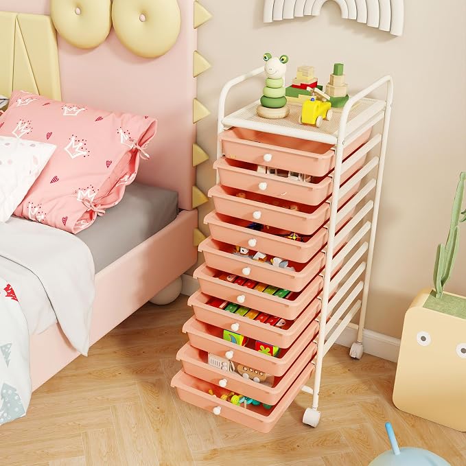 10 Drawer Rolling Storage Cart, Organization Cart on Drawers for Craft Makeup Paper Tool Art Supply, Versatile Utility Cart on Wheels for Home Office Classroom School (Peach)
