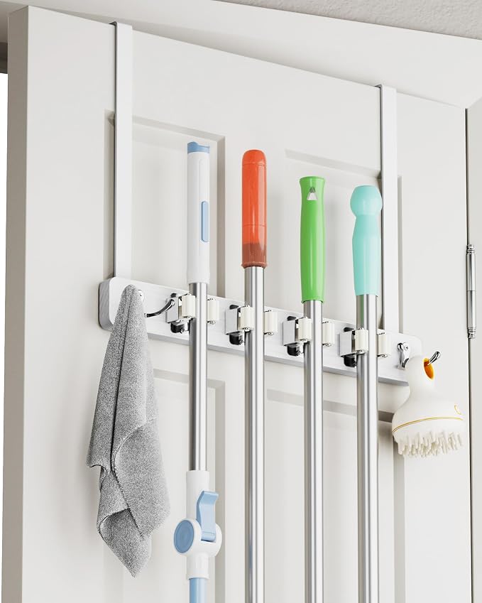 BS-VOG Over the Door Broom and Mop Holder, Broom Hanger, 4 Slots & 4 Hooks | No Drilling Required, Wood and Metal Build, EVA Door Protection Pads, Secure Grip Slots, Closet Garage Laundry Use, White