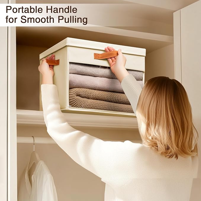 Large Storage Bins with Lids - 4 Pack Foldable Decorative Organizers with Clear Windows & Handles, Cube Storage Organizers for Clothes, Blankets, Sweaters, Sheets, Beige