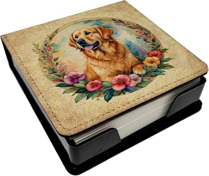 Caroline's Treasures Golden Retriever and Flowers PU Leather Note Paper Holder with Artist-Designed Cover, Desk Accessory, Office Gift