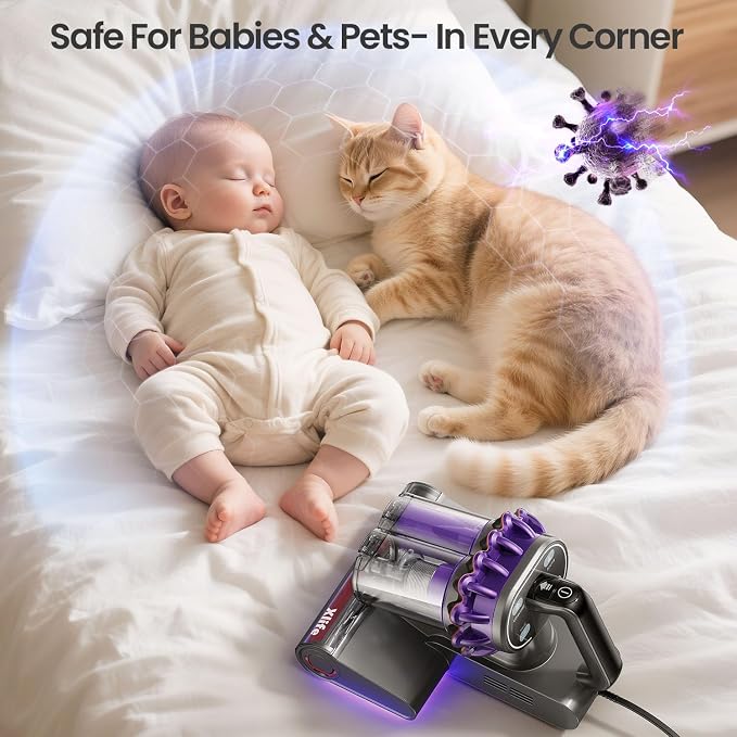 Xlife Mattress Vacuum, Bed Vacuum Cleaner with 2 Roller Brushes for Pet Hair, 253.7nm UV-C Light, 140F° Heating, 550W 16KPA Suction, HEPA Filter Couch Vauum for Bed, Sofa, Pillow, Baby Crib (Corded)
