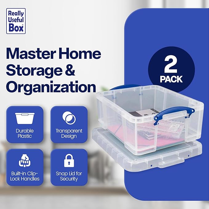 Really Useful Box 2 Pack 17L Plastic Storage Bins with Snap Lids and Clip Lock, Clear