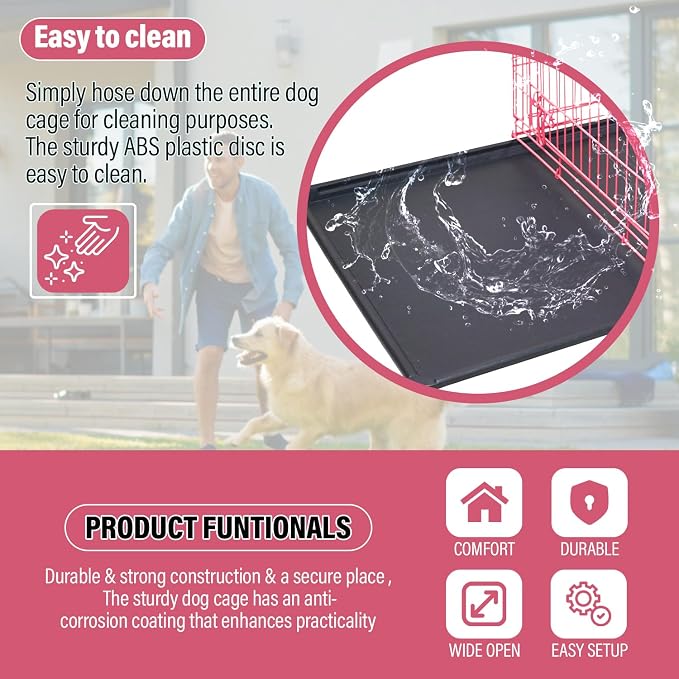 Large Dog Crate Kennel Metal Dog Cage for Medium Large Dogs Double-Door Folding Travel Indoor Outdoor Puppy Playpen with Divider and Handle Plastic Tray,42",Pink
