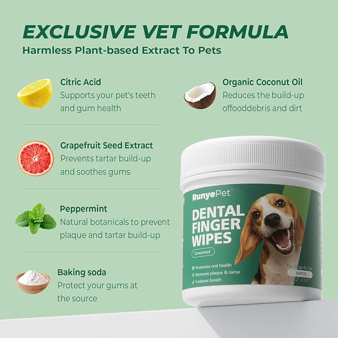 Dog Dental Wipes - Dog Finger Toothbrush & Teeth Cleaning Wipes, Pet Dental Finger Wipes for Dogs & Cats, Tartar & Plaque Remover, Dog Breath Freshener, 100 Count