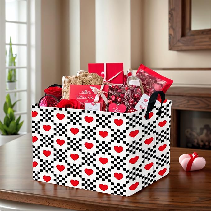 Valentine's Day Basket for Gifts Empty Cute Heart Large Gift Basket Decorative Storage Bin for Kid and Baby Room Décor (Black and White Checkered Heart)