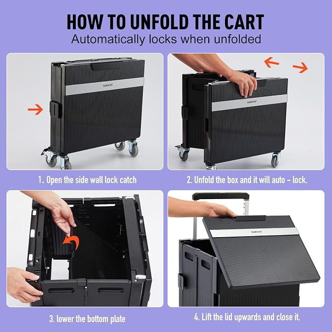 Folding Utility Cart Portable Rolling Crate Handcart Shopping Trolley Collapsible Tool Box, with Lid, on Rotate Wheels, for Grocery, Shopping, Office, Teacher, Camp,File (Black)