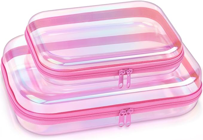Clear Hard Shell Organizer Cases, 2 Pack | Iridescent PET shell with water-resistant, scratch-resistant surface for travel, toiletries, electronics and daily essentials