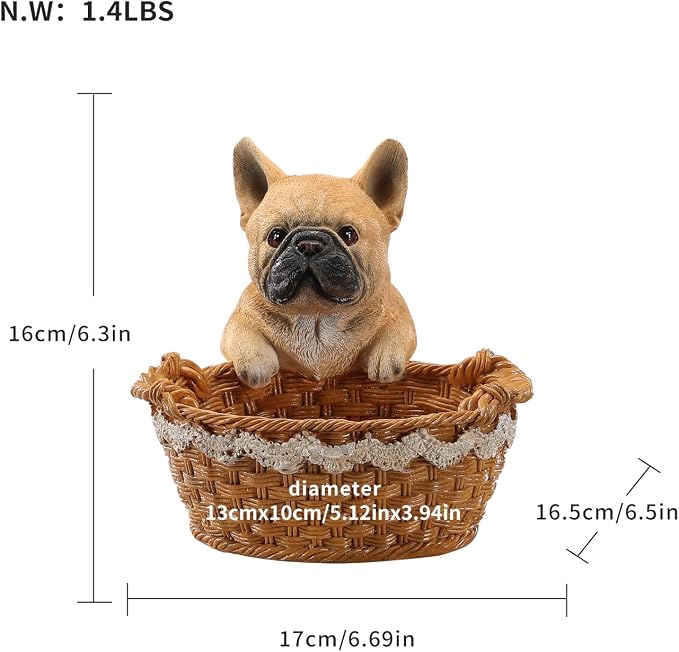 Cute French Bulldog Candy Bowl, Resin Dog Figurine Key Bowl for Entryway Table, Desktop Storage Basket Organizer for Desk, Unique Dog Lover Gift