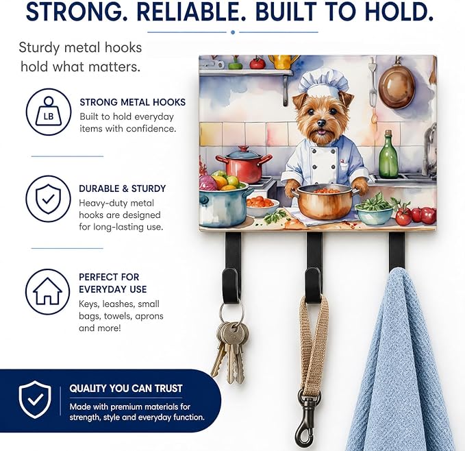 Caroline's Treasures Norfolk Terrier The Chef Leash or Key Holder Wall Hooks, Key Hooks Holder, Coat Rack Wall Mount, Coat Hooks, Hooks for Hanging Keys, Towels, Aprons, Leashes | Norfolk Terrier The Chef artwork on ceramic tile with three steel hooks ...