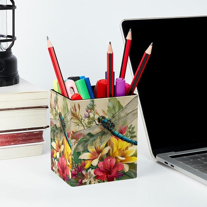 Retro Dragonfly Pen Holder for Desk Decor, Rectangular PVC Leather Pencil Cup for Desk Pen Organizer, Makeup Brush Holder for School, Home, Office