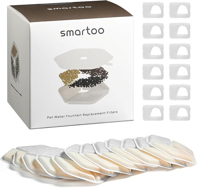 Smartoo 12 Packs Official Replacement Filters and 12 Packs Sponges for 152oz/4.5L Wireless Cat Water Fountain PTM-643