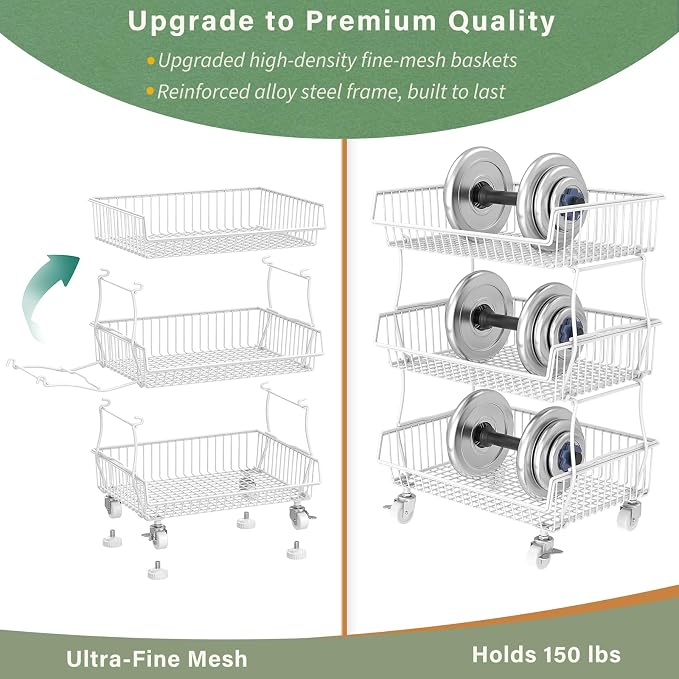 OKZEST Pantry Organizers and Storage Cart with Upgraded Metal Hub Casters | Fits under pantry shelf, Stackable fine-mesh wire baskets, 3-Tier rolling cart holds drink, snack, can, potato, onion, fruit