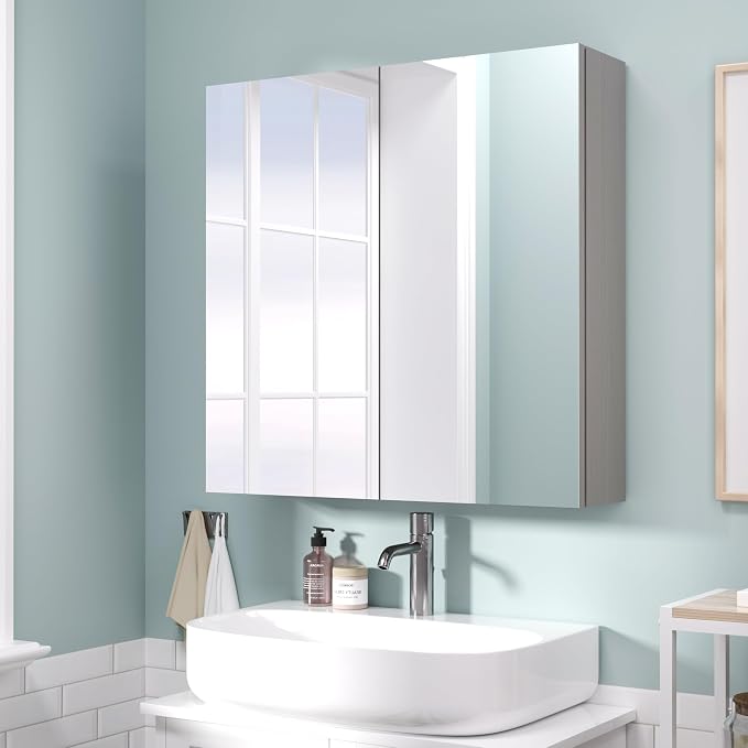 Reflexon 24x24 inch Bathroom Wall Cabinet, Storage Cabinet, Medicine Cabinet with 2 Door and Adjustable Shelves, Grey (Assembly Required)