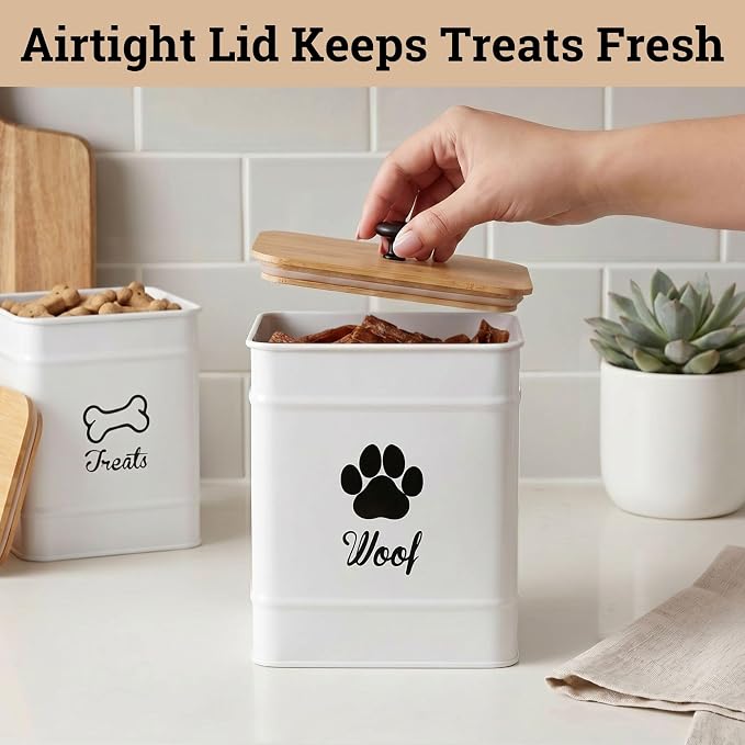 Dog Treat Container Set of 2 with Airtight Bamboo Lids - 8x6 & 7x5 inch | Fits All Popular Treats, Up to 20 Cups Combined Capacity, Airtight Bamboo Lid, Easy Open Lid, Dent-Resistant Durable Metal