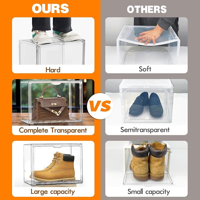 12 Pack Acrylic Clear Shoe Storage Boxes, Fits Up to Men's Size 12 | Transparent Display Case for Sneaker Collections, Baseball Caps, Hat Organizer Dust-free Shoe Cubbies Stackable Sneaker Boxes