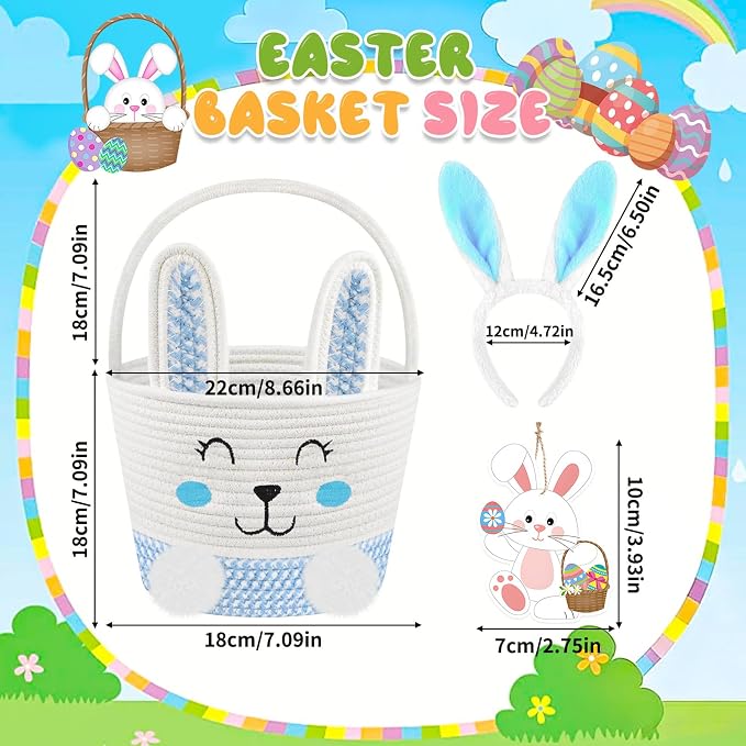 Easter Basket, Personalized Baby Easter Gifts Basket Empty with Handle, Bunny Ears Headband, Woven Cotton Rope Egg Baskets for Boys Girls Kids Toddler
