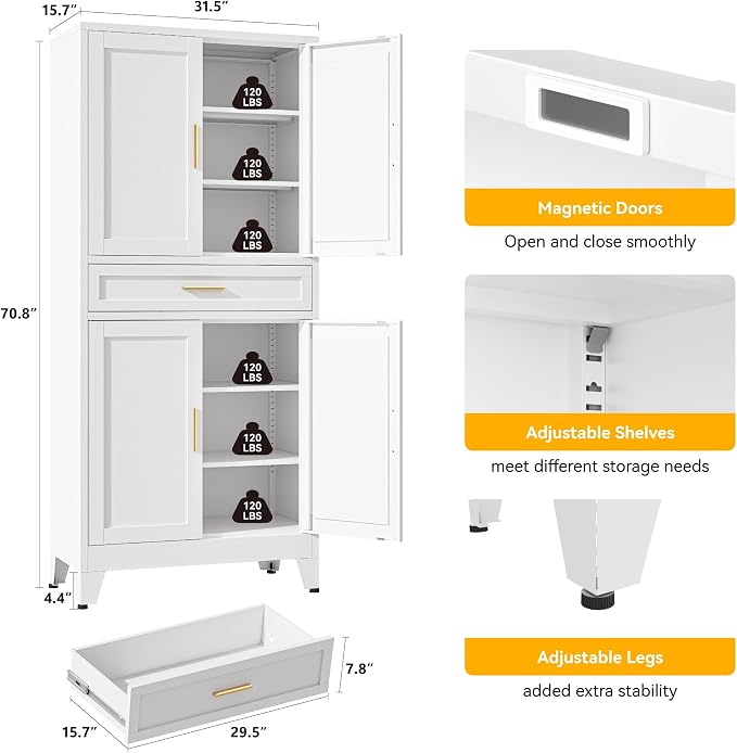 YAUWOH 71''Tall Kitchen Pantry Cabinet with Drawer,6-Tiers Metal Pantry Storage Cabinet with 4 Adjustable Shelves and 4 Barn Doors, Freestanding Farmhouse Food Cupboard for Dining Room (1PC,White)