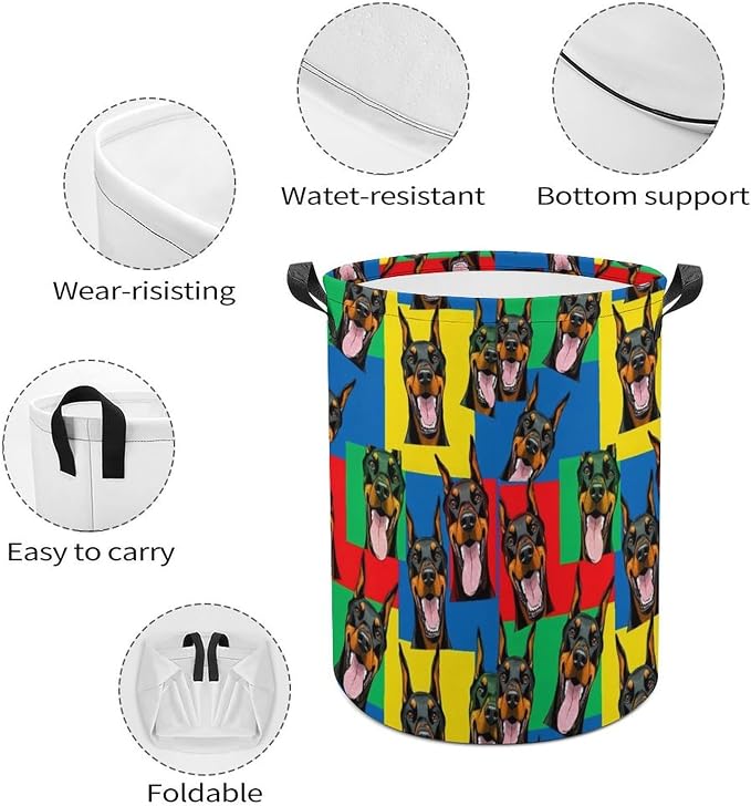 Portable Laundry Hamper with Handles Doberman Pinscher Dogs, Foldable Waterproof Clothes Basket for Bedroom, Nursery, and Bathroom Storage