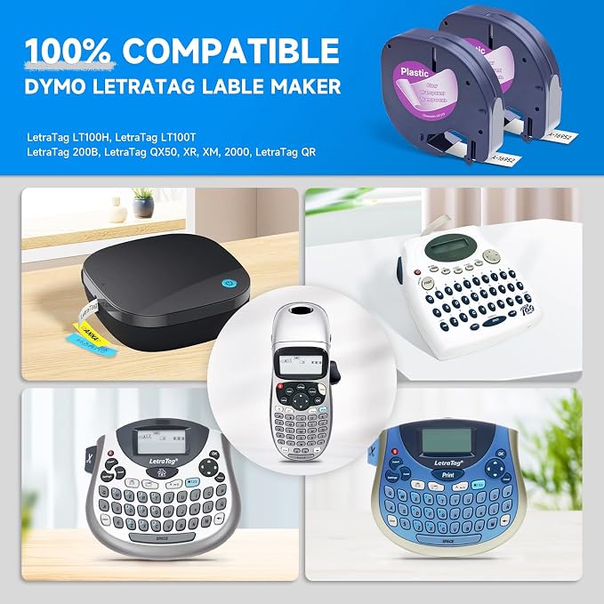 Compatible with Dymo Label Maker Refill 16952 Clear Plastic Label Tape for Dymo LetraTag Refills LetraTag Plus LT-100H LT-100T 200B,1/2'' x 13'(12mmx4m), Black on Clear, 2Pack