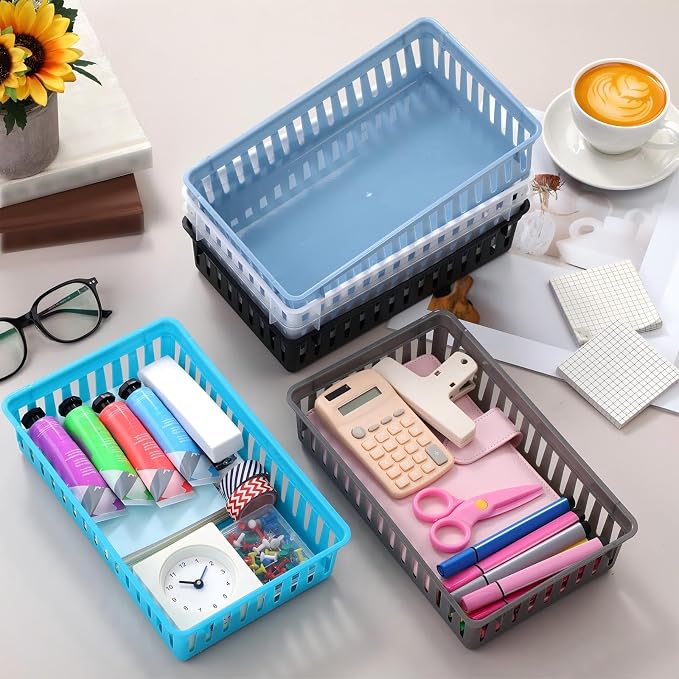 Boao 48 Pieces Plastic Baskets for Organizing 10.24 x 6.5 x 2.36 Inch Rectangular Storage Trays Plastic Organizer Bins Rectangle for Classroom Organization(Mixed Colors)