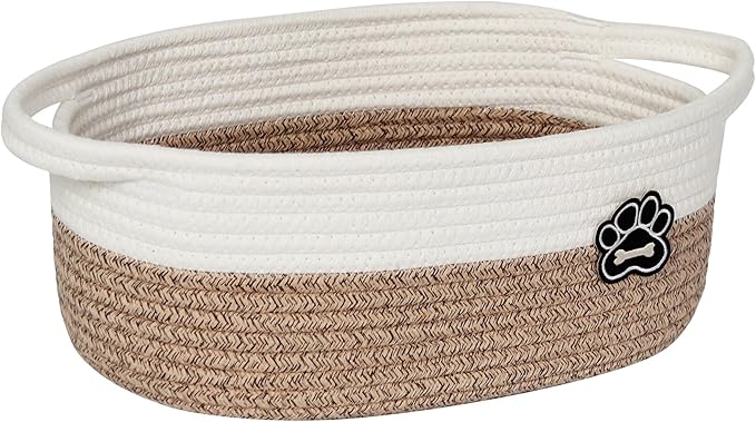 Small Dog Toy Basket, Soft Cotton Rope Dog Cat Toy Bin, Woven Storage Basket for Living Room Nursery, Cats Pet Gift Basket Empty, Decorative Wicker Storage Box with Handle, 13"x 9"x 5"