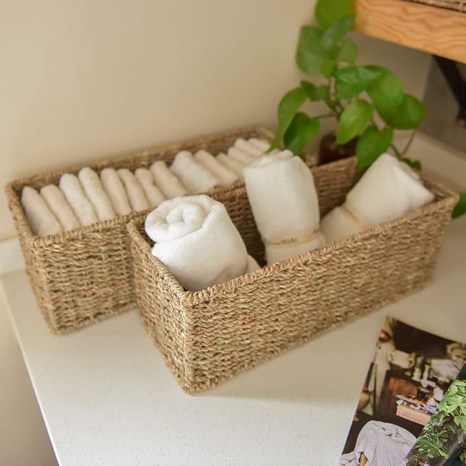 StorageWorks Toilet Paper Basket, Bathroom Basket Organizer for Storage | Long Narrow Wicker Seagrass Storage Baskets for Tank Topper, Decorative Toilet Tank Basket for Bathroom, Pantry, 2-Pack