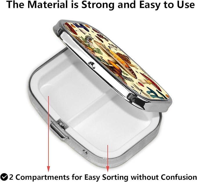 ABLESKY Pill Box, 2 Compartment Pill Organizer Case for Pocket or Purse, Small Portable Metal Travel Medicine Box with Mirror, Daily Vitamins Fish Oil Container-Vintage Snail Fantastic Mushroom
