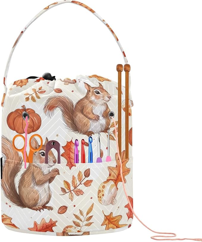 Fustylead Cute Squirrel Maple Pumpkin and Mushroom Yarn Knitting Crochet Drawstring Bag with Customized Front Compartment, Portable Large Storage Basket for Crocheting Project, Kit, Yarn Ball, Needle