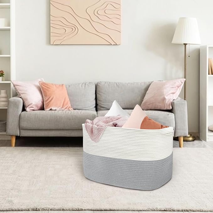 MEGASKET XXXXL Blanket Basket, 25" x 16" x 16"(108L) Rectangle Basket for Blankets Living Room, Extra Large Wicker Woven Blanket Pillow Storage Bin, Soft Kids Dog Toy Box Storage Bin Organizer
