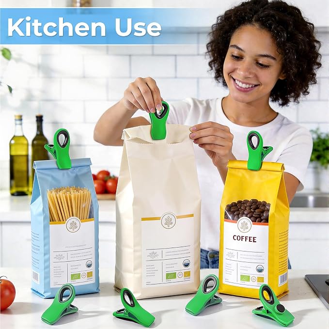 12 Pack Chip Clips, Bag Clips for Food, Magnetic Sealers for Chips and Other Food, Plastic Bag Clip for Kitchen, Fridge, Clothes, Sewing and Artwork (Green)