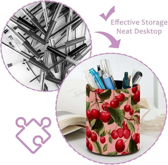 Faux Leather Pen Holder for Desk, Pencil Organizer Cherry Pen Cup Desk Decor Makeup Brush Holder Storage for Office Home