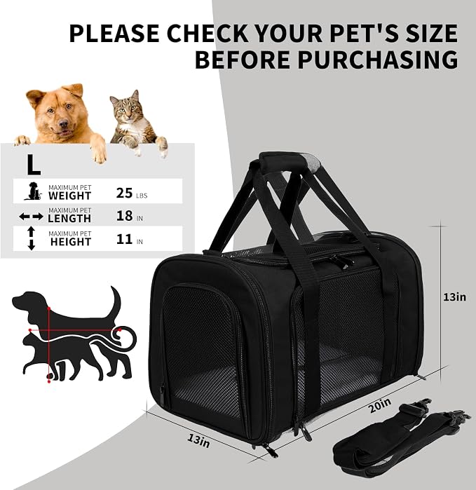 Carriers Soft-Sided Pet Carrier for Cats Dogs Under 15 lbs,TSA Airline Approved with 4 Ventilated Windows(Medium,Black)