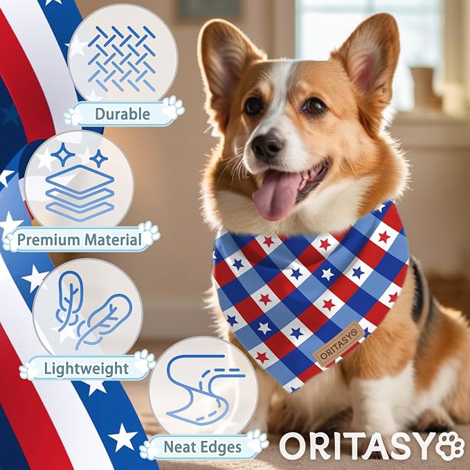 4th of July Patriotic Dog Bandanas, 2-Pack Triangle Reversible Pet Scarves, Premium Fabric, US American Flag Bandana for All Dogs (Large, Style 25-2)