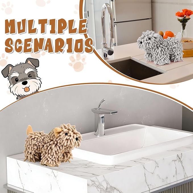 Tegeme 2 Pcs Chenille Dog Hand Towel Fuzzy Dog Towel Absorbent Microfiber Soft for Bathroom Kitchen Washstand (Grey Brown)