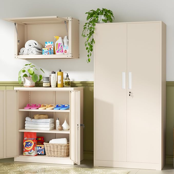 Crownland 72" Metal Storage Cabinet, Lockable Garage Storage Cabinets, High Office Cabinet with Adjustable Shelves for Garage, Home Office, Classroom, Pantry, File(Warm Grey-Narrow Size)