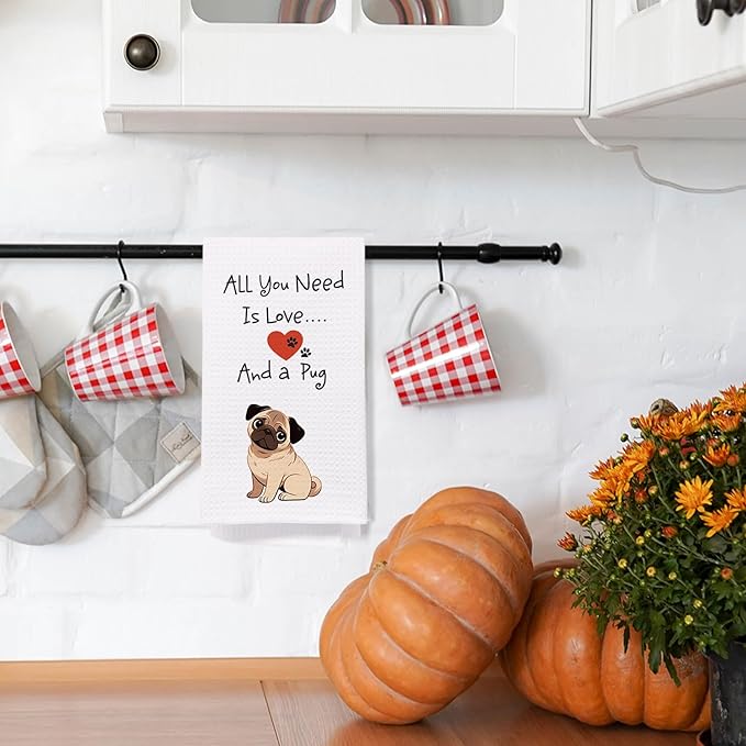 SPBL&L Pug Dog Kitchen Towels, Pug Gifts for Pug Lovers Women, Pug Dog Dish Towels for Kitchen, All I Need is Love and a Pug Decorative Hand Towels, Pug Bathroom Kitchen Decor, 16x24 Inches