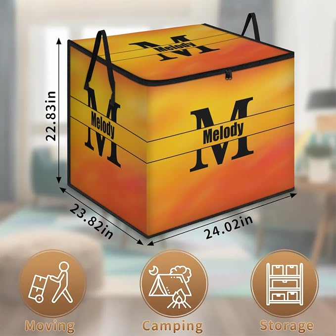 Custom Name Comforter Storage Bin with Lid, Personalized Initial Letter XL Storage Basket with Handles Zippers for Organizing Blankets, Bedding Closet Shelf Baskets, Gradient Yellow Orange
