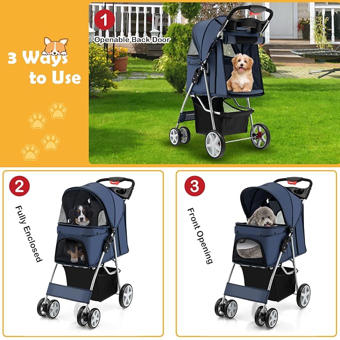 Giantex Folding Dog Stroller for Small Medium Dogs Cats Puppy, 4 Lockable Wheels Cat Stroller Pet Travel Carrier Strolling Cart, Safety Belt, Removable Liner and Storage Basket (Navy)