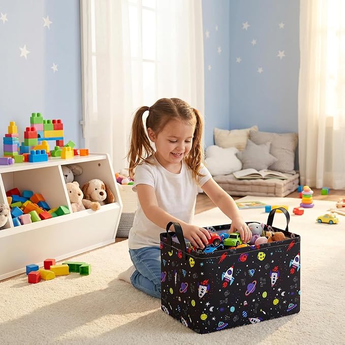 Rocket Space Kids Gifts Organizer Bin, Waterproof Lining, Leather Handles, Foldable Basket for Toys, Laundry, Blankets & Nursery Storage