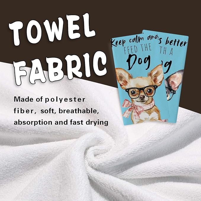 Funny Chihuahua Kitchen Dish Towels Set of 2, Blue Life is Better with a Dog Bow Drying Hand Towel Baking Cooking Cloth, Pet Dog Owner Lover Gifts Bathroom Home Decoration 18'' x 26''
