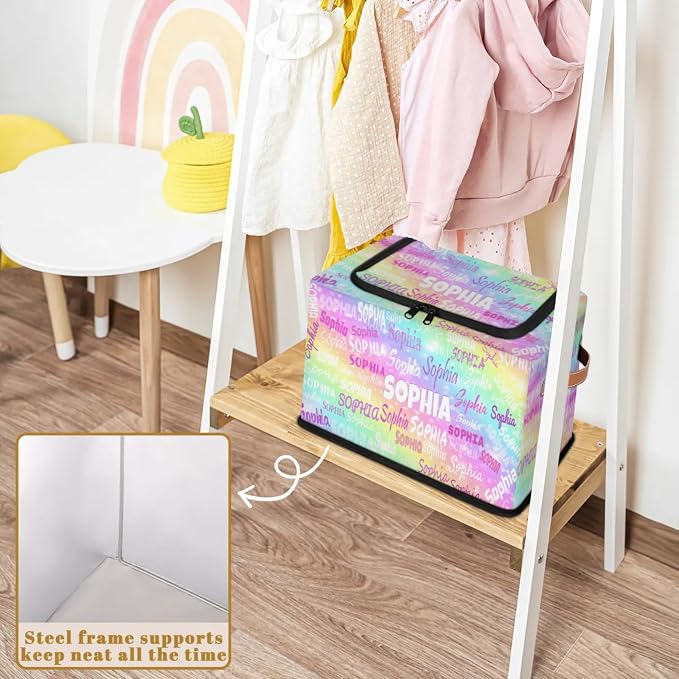 Personalized Kids Toy Box with Name, Custom Nursery Baskets Cubes Box with Zipper Lid, Kids Custom Storage Basket Laundry Baskets Organizer with Handles, Colorful Rainbow Color